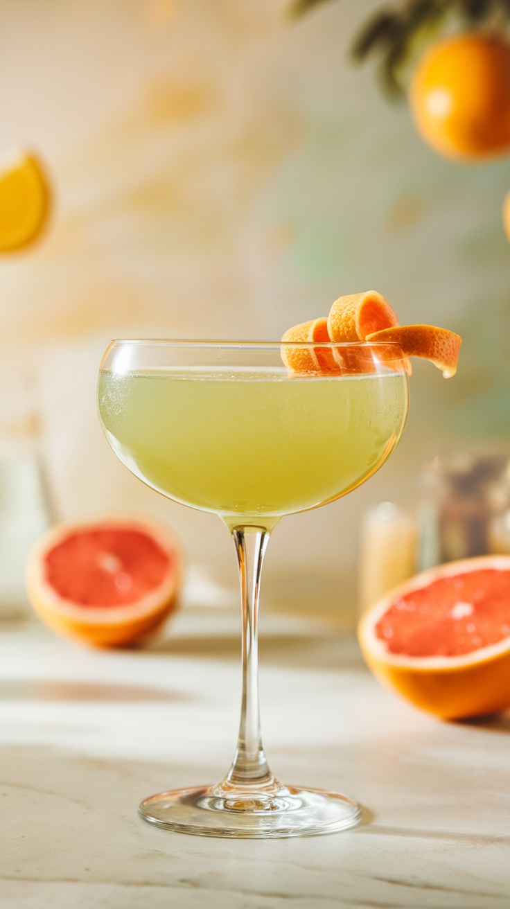 A refreshing Sour Green Grapefruit Martini in a glass, garnished with grapefruit twist.